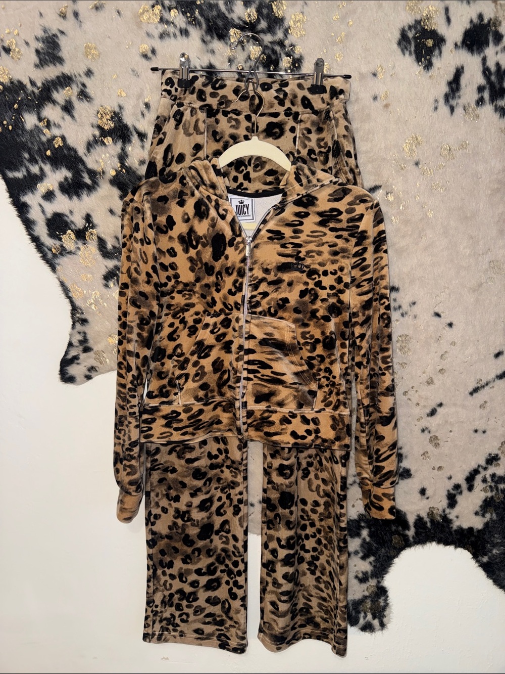 Juicy Couture Leopard Print Velour Zip Hoodie & Pants - Tan, Black